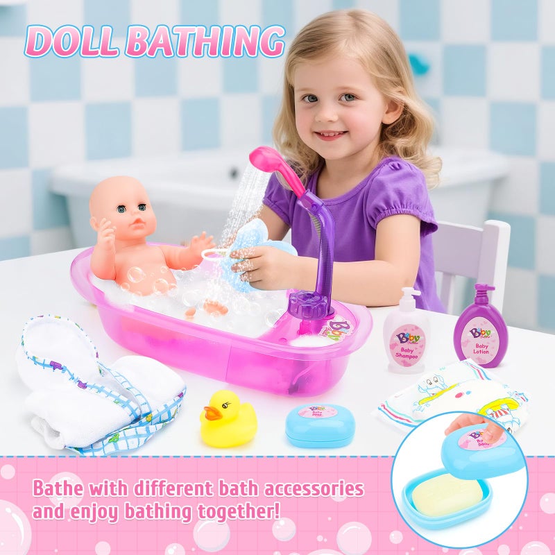 deAO Baby Doll Set,13 Inch Bath Time Baby Doll Playset with Working Shower Spray and Accessories for Kids,Baby Doll and Accessories with Bath Set, Great Pretend Play Toys for Girls - Image 3